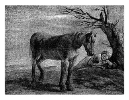 Téléchargez les photos : Paysage avec un cheval et une femme endormie, Dirk Koedijk, d'après Philips Wouwerman, 1730 - en image libre de droit