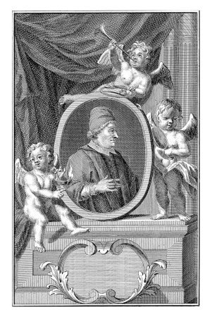 Foto de Retrato de Clemente XI, que fue ordenado Papa el 23 de noviembre de 1700. Alrededor del marco con su imagen tres putti con símbolos de eternidad en la mano. - Imagen libre de derechos