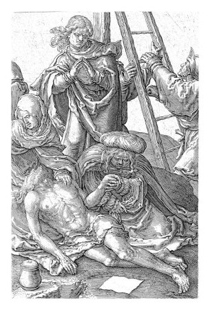 Téléchargez les photos : Descente de la Croix, Jan Harmensz. Muller, d'après Lucas van Leyden, 1613-1622 Le Christ descendit de la croix et fut pleuré par Marie et Marie Madeleine. - en image libre de droit