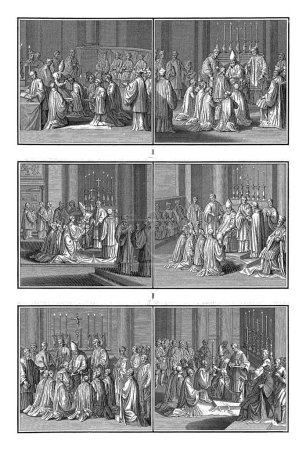 Photo for Ordination of people within the Roman Catholic Church, Bernard Picart (workshop of), 1722 Sheet with six representations of the ordination of people in the Roman Catholic Church. - Royalty Free Image