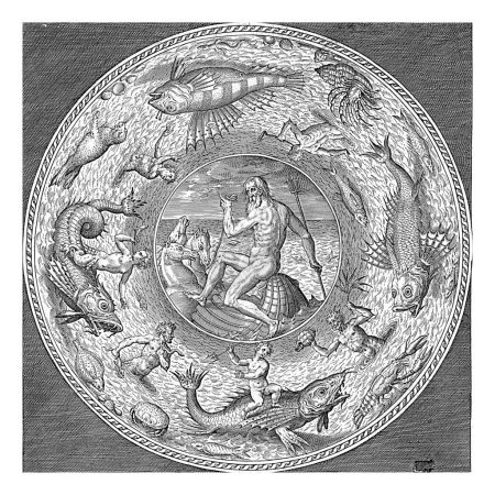 Foto de Platillo con Neputunus, Adriaen Collaert, c. 1580 - 1600 Neptuno montando un caparazón tirado por caballos. En el borde hay nervios y tritones que tocan cuernos con peces y conchas en la mano. - Imagen libre de derechos