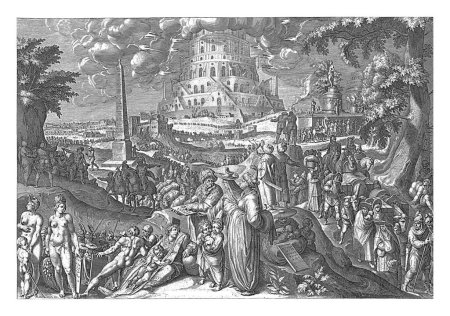 En el fondo el edificio de la Torre de Babel. Nubes y relámpagos rodean la torre, simbolizando la ira de Dios.