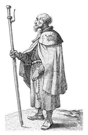A pilgrim with a prayer beads in the left hand and a staff in the right hand. On his mantle a scallop shell.