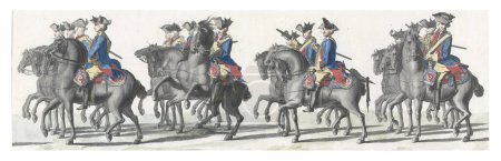 Vier Gruppen von Wächtern zu Pferd. Am Rand die Bildunterschrift in Niederländisch, Französisch und Englisch. Teil einer Serie von 41 Tafeln des Trauerzuges für Stadholder Willem IV