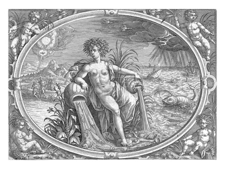 In an oval frame the element of water, personified by a naked river goddess. She is surrounded by water. On the left a river, on the right a sea with sea monsters and ships.