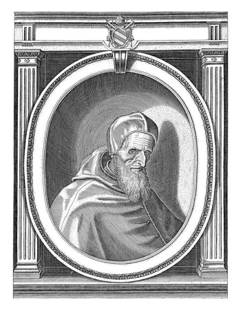 Foto de Retrato del Papa Pío V vestido con túnicas papales, cabeza adornada con un camauro. Busto a la derecha en un marco ovalado con letras de borde. - Imagen libre de derechos