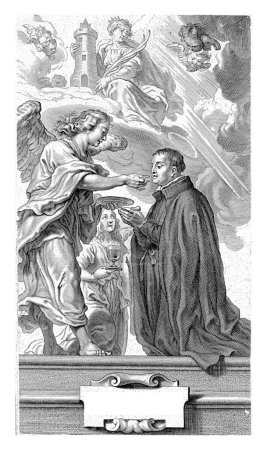 Photo for Communion of St. Stanislaus Kostka with an angel, Cornelis Galle, after Abraham van Diepenbeeck. An angel gives St. Stanislaus Kostka a host, while another angel holds a chalice. - Royalty Free Image