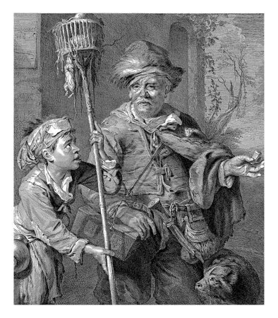 Photo for A Pied Piper with his dog and servant. The boy is holding a staff with a rat cage. The Pied Piper carries a bag and tools with him, a rat walks on his cloak. - Royalty Free Image