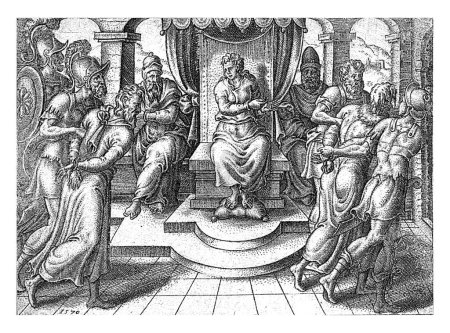 Foto de Daniel condena a los ancianos, Abraham de Bruyn, 1570 En la corte, Daniel acusa a los ancianos de perjurio y lo demuestra interrogando a cada uno individualmente. - Imagen libre de derechos