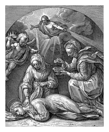 Foto de Muerte de Santa Cecilia, Jerónimo Wierix, después de Francesco Vanni, 1599 - 1605 Dos mujeres tienden a las heridas en el cuello de Santa Cecilia. Después de ser herida con la espada, vivió tres días más. - Imagen libre de derechos