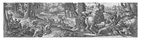 Foto de Los hombres cazan dos osos con lanzas. También se utilizan perros de caza. La impresión tiene un título en latín y forma parte de una serie de 54 grabados. - Imagen libre de derechos