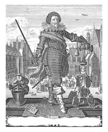 Photo for Portrait of Frederik Hendrik, full-length in armour, standing on a platform. In his right hand a sword, in his left a bundle of arrows and a rope. - Royalty Free Image