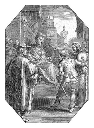 Foto de Cristo ante el rey Herodes, Cornelis Galle (I), 1586 - 1650 Cristo es llevado ante el rey Herodes por dos soldados. - Imagen libre de derechos