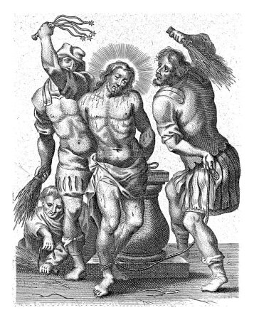 Foto de Flagelación de Cristo, Cornelis Galle (II), 1638 - 1678 Cristo es atormentado por dos soldados con un azote y una vara. Sus manos y pies están atados. Un tercer soldado se arrodilla en el suelo. - Imagen libre de derechos