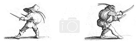 Téléchargez les photos : Nain à deux poignards ; Figurine grotesque à deux épées, Jacques Callot, 1621 - 1676 Gauche : nain, vu plus ou moins à gauche, avec un dos courbé, un chapeau à deux plumes sur la tête - en image libre de droit