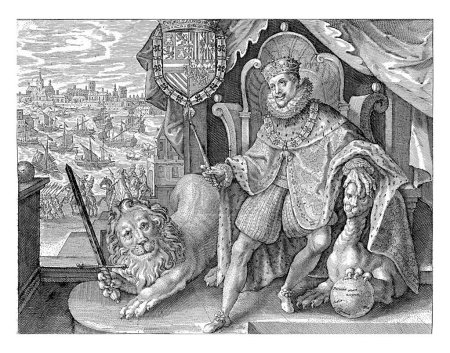 Photo for Philip III, Crispijn van de Passe (II), after Crispijn van de Passe (I), 1611 Philip III enthroned. He wears an Order Necklace of the Golden Fleece. He holds a scepter in his right hand. - Royalty Free Image