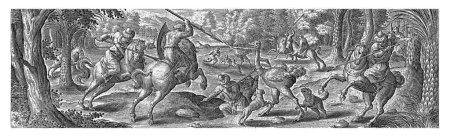 Foto de Jinetes cazan avestruces con lanzas y perros. La impresión tiene un título en latín y forma parte de una serie de 54 grabados. - Imagen libre de derechos