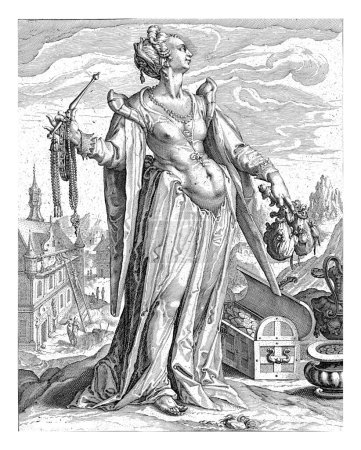 Wealth as a standing woman with a stick purse in her left hand, a scepter and jewelry in her right hand. Next to her are a money chest and a pot filled with ducats.