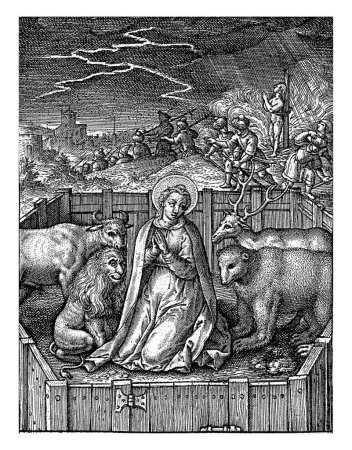 Foto de Virtud de lo Inviolable, Jerónimo Wierix, 1563 - antes de 1619 La Santa Tecla de Iconio rodeada por un león, un oso, un toro y un ciervo. - Imagen libre de derechos