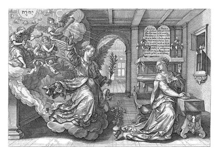 The angel Gabriel appears to Mary, who is reading in a room. In his wake a group of music-making angels. Under the representation of quatrains in Latin.