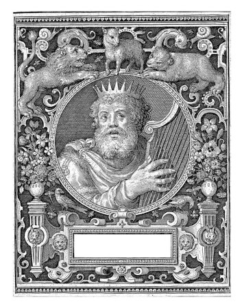 Photo for Portrait with bust of King David with harp in medallion within rectangular frame with ornaments in the shape of wild animals, a lion and bear, and a lamb. - Royalty Free Image