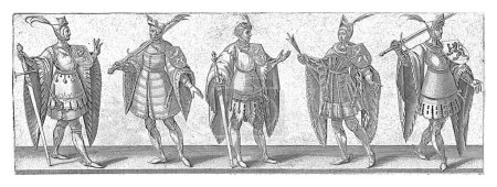Photo for Depiction of five men, four with sword and shield, one with arrow and shield. - Royalty Free Image