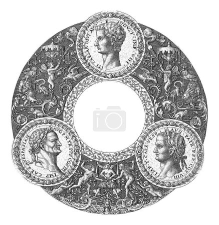 Photo for Medallion with Latin text in a wide border with grotesques on a dark background. In this border are three medallions with images of Roman emperors. Sheet from series of 4 sheets. - Royalty Free Image