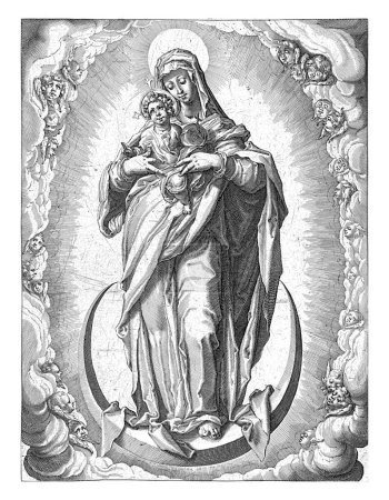 Téléchargez les photos : Marie avec Christ Enfant debout sur un croissant de lune, Jacob de Gheyn (II) (atelier de), d'après Jacob de Gheyn (II), 1593 - 1597 Marie debout sur un croissant de lune dans une couronne de nuages. - en image libre de droit