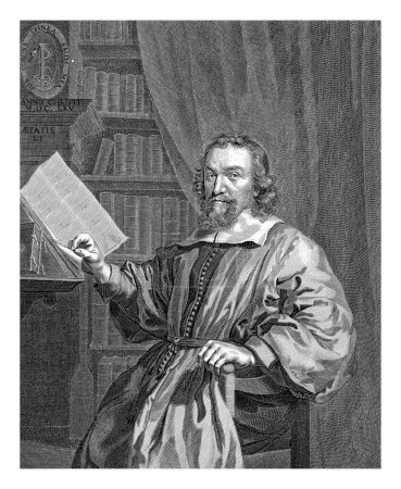 Foto de Retrato del predicador Johannes Schellhammer, sentado en un atril. Debajo del retrato están el nombre y las funciones. - Imagen libre de derechos