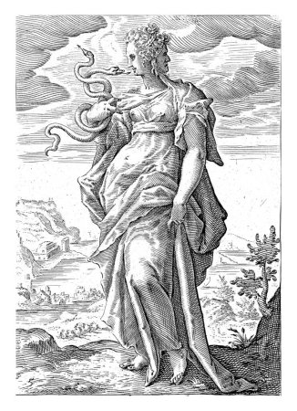 Foto de La Prudencia personificada; una figura femenina con dos serpientes en la mano y una segunda cara en la nuca. - Imagen libre de derechos