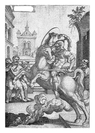 Téléchargez les photos : Marcus Curtius plonge dans un gouffre, Georg Pencz, 1535 Marcus Curtius se sacrifie pour fermer un grand gouffre sur la terre à Rome. En armure pleine et à cheval, il plonge dans la gorge. - en image libre de droit