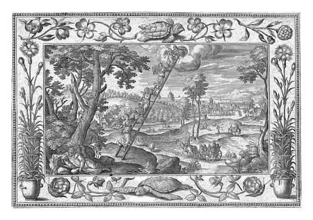 Landscape with a river. In the foreground on the left the sleeping Jacob. He dreams that angels are climbing up and down a ladder from heaven.