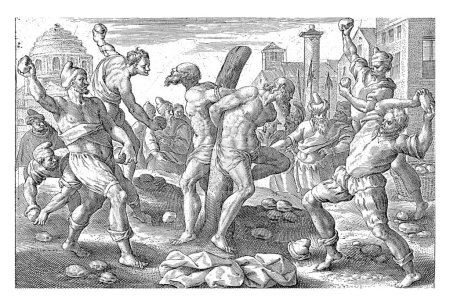 Stoning of the Elders, Crispijn van de Passe (I), after Maerten de Vos, 1574 - 1637 The two elders are tied to a tree and stoned by four executioners. In the margin a two-line caption in Latin.
