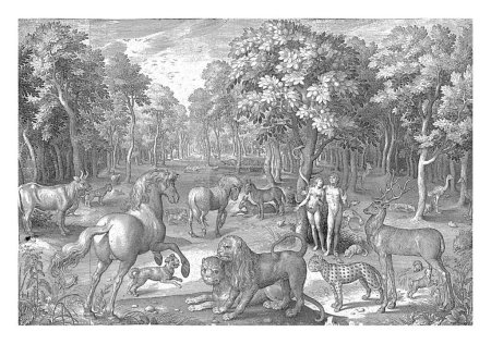 Téléchargez les photos : Eve tente Adam de manger le fruit défendu, Nicolaes de Bruyn, 1642 Le paradis terrestre avec toutes sortes d'animaux. Au milieu se trouve l'arbre de la connaissance du bien et du mal. - en image libre de droit