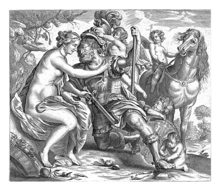Téléchargez les photos : L'adultère de Mars et Vénus. Vénus et Putti dépouillent Mars de son armure. À gauche deux tourterelles sur une branche. - en image libre de droit