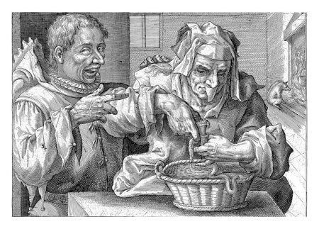 Foto de Sátira sobre higiene, Crispijn van de Passe (I), después de Hendrick Goltzius, 1574 - 1637 Interior con una anciana (Fey Sawbers / Margot) haciendo salchicha. - Imagen libre de derechos