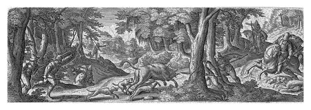 Foto de Algunos hombres persiguen a un toro con perros y caballos. La impresión tiene un título en latín y forma parte de una serie de 54 grabados. - Imagen libre de derechos