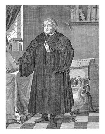 Foto de Retrato completo de Martin Luther, en el interior de un estudio. Detrás de él un cisne. Debajo del retrato están el nombre y los detalles en dos líneas en latín. - Imagen libre de derechos