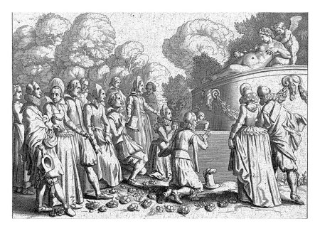 Foto de Venus, apoyada por Amor, yace sobre un pedestal con la manzana que recibió de París en la mano. Alrededor de este altar varias parejas jóvenes se ponen de pie y se arrodillan, rogando el favor de la diosa. - Imagen libre de derechos