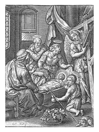 Foto de Cristo Niño duerme en la cuna, Hieronymus Wierix, 1563 - antes de 1619 El Niño Cristo duerme pacíficamente en su cuna. Al final de la cabeza un ángel con las herramientas de la pasión. - Imagen libre de derechos
