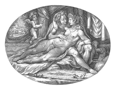 Photo for Venus and Adonis, Jacob Matham, 1599 - 1600 Venus and Adonis as lovers in an embrace. Behind a tree Amor with his bow and in the distance Atalanta, Meleager's lover. - Royalty Free Image