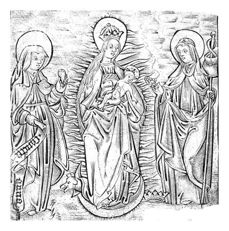 Foto de La Virgen coronada y de pie en una luna creciente, el niño Cristo en los brazos. Santa Ana a su derecha, Santa Brigitta a su izquierda. - Imagen libre de derechos