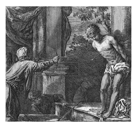 Téléchargez les photos : Saint Sébastien est attaché à un pilier et se fait tirer dessus par un archer. Il y a déjà une flèche dans sa poitrine. Un second tireur s'accroupit sur le sol. - en image libre de droit