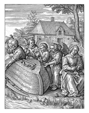 Foto de Cristo Niño construye una nave, Hieronymus Wierix, 1563 - antes de 1619 El Niño Cristo ayuda a su padre José a construir una nave. Él es asistido por dos ángeles. - Imagen libre de derechos