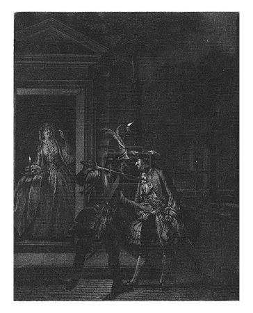 Foto de Un vigilante le pide dinero a un joven (Godefroy), que visita en secreto a su amante (Sybille) por la noche. - Imagen libre de derechos