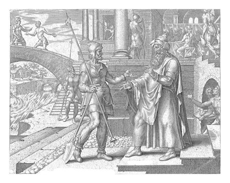 Téléchargez les photos : Le frère aîné du fils prodigue est furieux, Philips Galle, d'après Maarten van Heemskerck, vers 1596 - vers 1633 Le frère aîné du fils prodigue revient du travail dans les champs. - en image libre de droit
