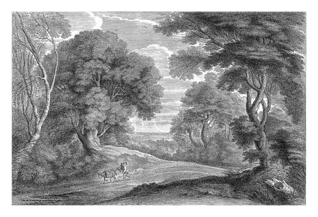 Foto de Paisaje forestal con un hombre con una mula, Alexander Voet, después de Jacques Fouquier, 1661 - 1689 Despejando en un bosque a través del cual corre un camino en el que un hombre conduce un burro de carga. - Imagen libre de derechos