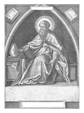 St. Augustine, Bishop of Hippo, seated in a church vault. He wears the bishop's robes and his miter lies next to him on some books.