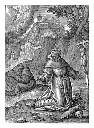 Foto de San Francisco de Asís recibiendo los estigmas, Hieronymus Wierix, 1563 - antes de 1619 Mientras rezaba ante un crucifijo en Monte Alverna, Francisco ve una visión de un hombre como un serafín en la cruz. - Imagen libre de derechos