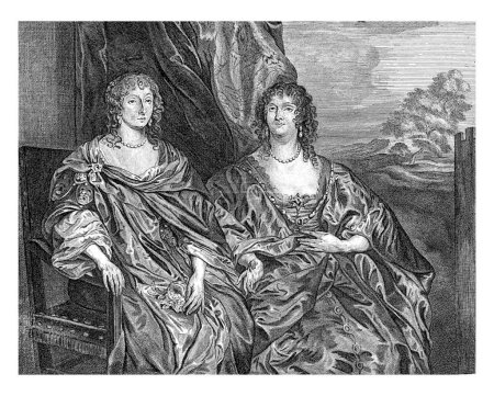 Foto de Retrato de Ann Kirke y Anna Dalkeith, condesa de Morton, con vestidos preciosos. Ambos están representados tres cuartos, sentados uno al lado del otro. A la izquierda está Ann Kirke. Anna Dalkeith está a la derecha. - Imagen libre de derechos